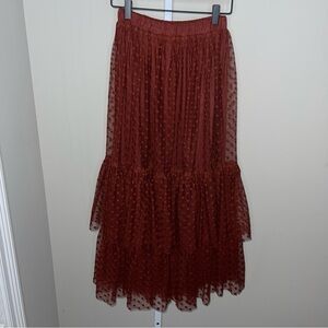 Mia Joy Polka Dot Mesh Midi Skirt Rust Tiered Elastic Waist Size 10